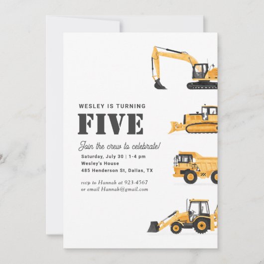 Baufahrzeuge 5th Birthday Party Einladung (Vorderseite)
