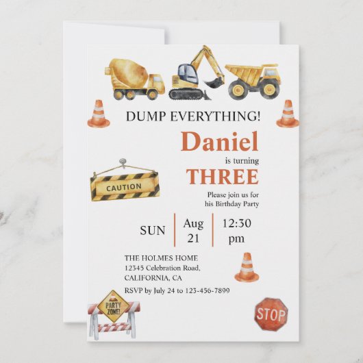 Baufahrzeuge Boy Birthday Party Einladung (Vorderseite)