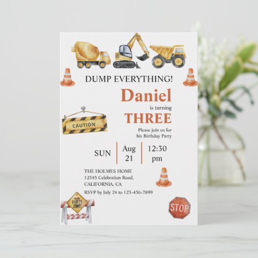 Baufahrzeuge Boy Birthday Party Einladung (Stehend Vorderseite)