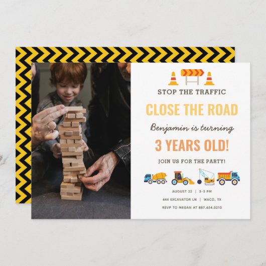 Baufahrzeuge Boy Birthday Party Foto Einladung (Vorne/Hinten)
