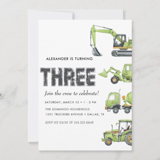 Baufahrzeuge Boys 3. Geburtstag Einladung (Vorderseite)
