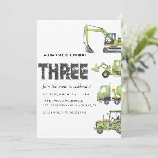 Baufahrzeuge Boys 3. Geburtstag Einladung (Stehend Vorderseite)