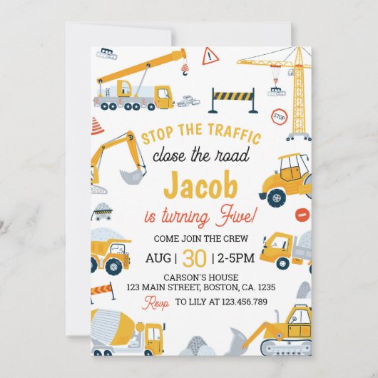 Baufahrzeuge Boys zum Geburtstag Einladung (Vorderseite)