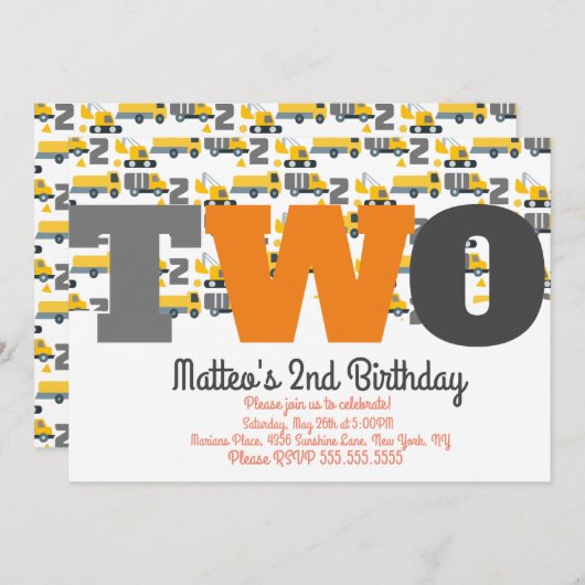 Baufahrzeuge Geburtstagskurve Große Zwei Einladung (Vorne/Hinten)