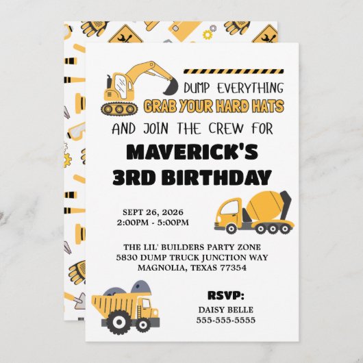 Baugelbe Boys Dump Truck Geburtstag Einladung (Vorne/Hinten)