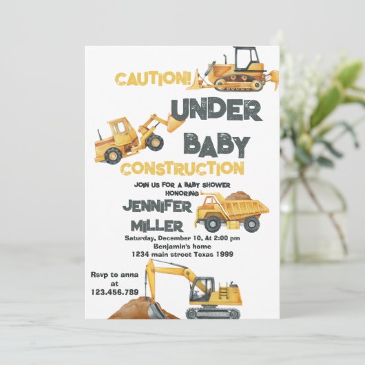 Baugelbe Dump Truck Digger Babydusche Einladung (Stehend Vorderseite)