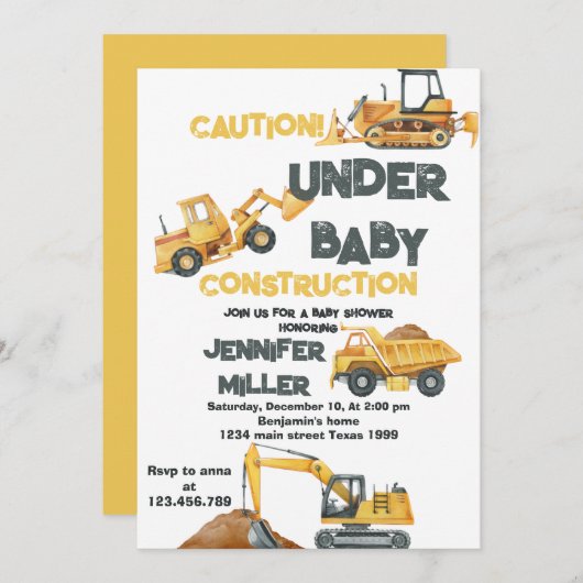 Baugelbe Dump Truck Digger Babydusche Einladung (Vorne/Hinten)