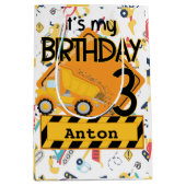 Baugelbe LKWs 3. Geburtstag Mittlere Geschenktüte (Vorderseite)