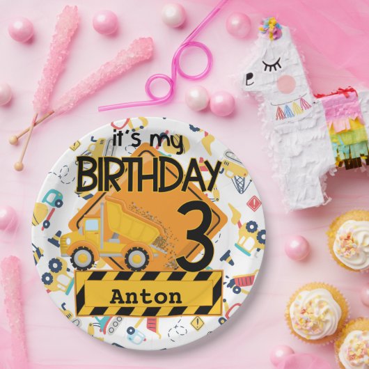 Baugelbe LKWs 3. Geburtstag Pappteller (Party)