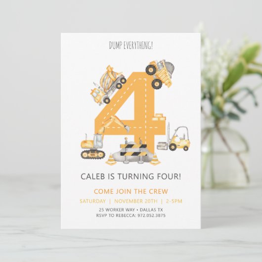 Baugewerbe 4. Geburtstag Einladung (Stehend Vorderseite)