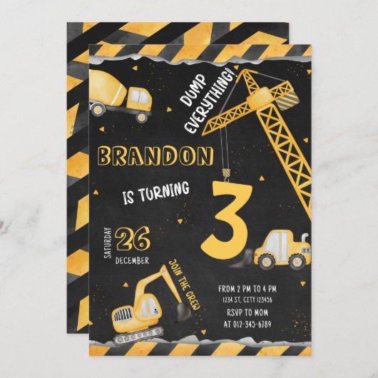 Baugewerbe Geburtstag Einladung Dump Truck Party (Vorne/Hinten)