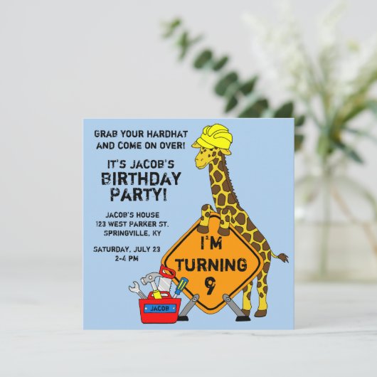Baugiraffe Geburtstag Einladung (Stehend Vorderseite)