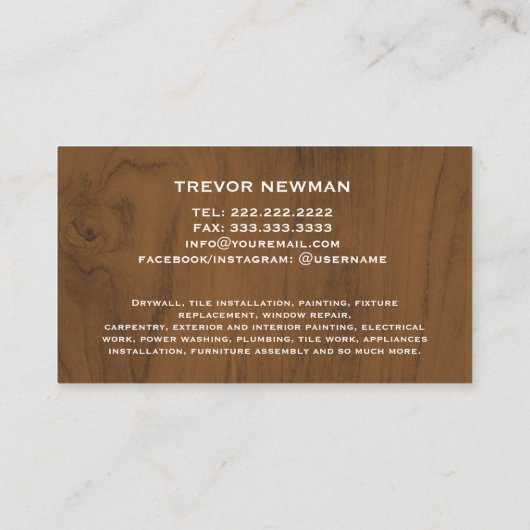 Bauhandyman Carpenter Tools Wood White Visitenkarte (Rückseite)