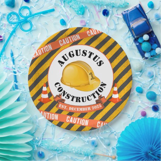 Bauharthut|Schwarz & Gelb 1. Geburtstag Pappteller (Party)