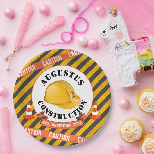 Bauharthut|Schwarz & Gelb 1. Geburtstag Pappteller (Party)