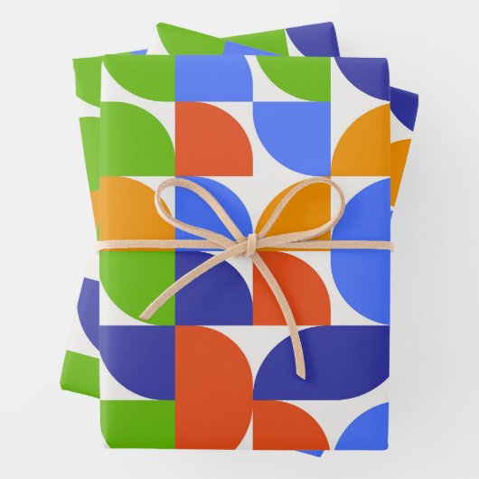 Bauhaus Mitte Jahrhundert Muster Blau, Orange, Grü Geschenkpapier Set (Beispiel)