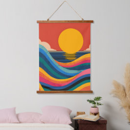 Bauhaus-Sonnenuntergang-Ozeanwellen-Wandteppich Wandteppich Mit Holzrahmen