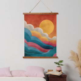 Bauhaus-Sonnenuntergang-Wandteppich mit Holzbesatz Wandteppich Mit Holzrahmen