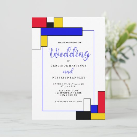 Bauhouse Mondrian Style Wedding Einladung (Stehend Vorderseite)