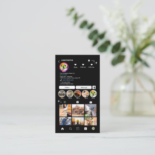 Bauinstagramm Black QR Code Visitenkarte (Stehend Vorderseite)