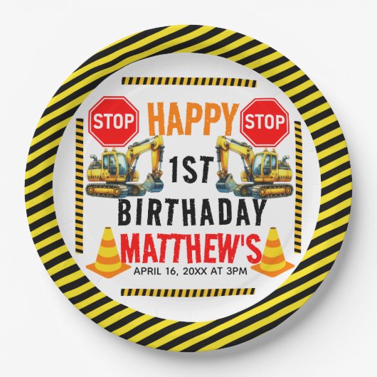 Baukasten Truck 1. Geburtstag Party Pappteller (Vorderseite)