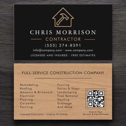 Baukonstruktion Schwarz Gold QR-Code Holz Visitenkarte