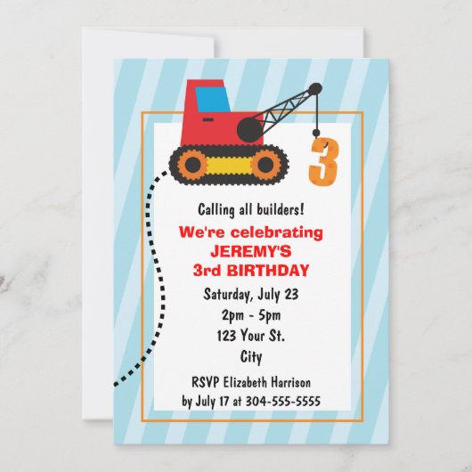 Baukrane 3. Geburtstag Einladung (Vorderseite)