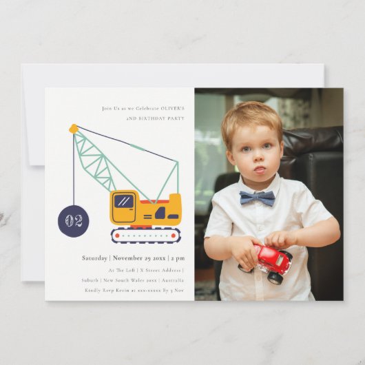 Baukranfahrzeug Foto Geburtstagsaufruf Dankeskarte (Vorderseite)