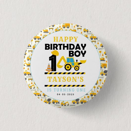 Baulastwagen 1. Geburtstag | Kinderparty Button (Vorderseite)