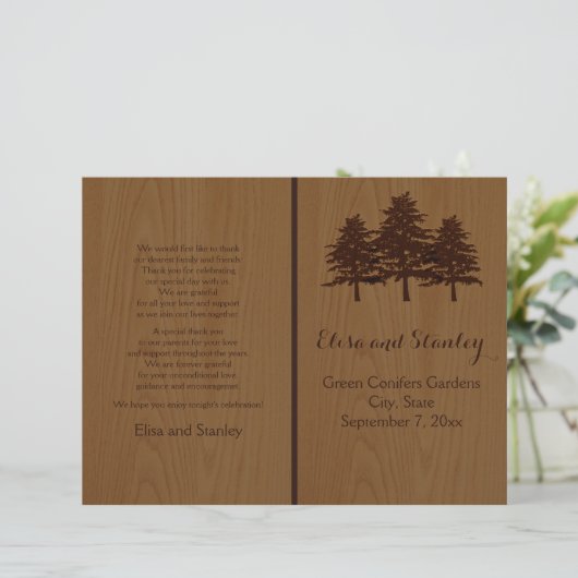 Baum auf Holz braunen Wald Hochzeitsprogramm (Stehend Vorderseite)