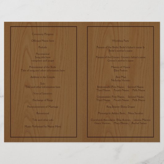 Baum auf Holz braunen Wald Hochzeitsprogramm (Rückseite)