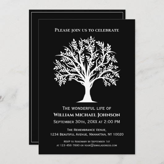 Baum der Beerdigung Gedenkstätte Schwarz-Weiß Einladung (Vorne/Hinten)