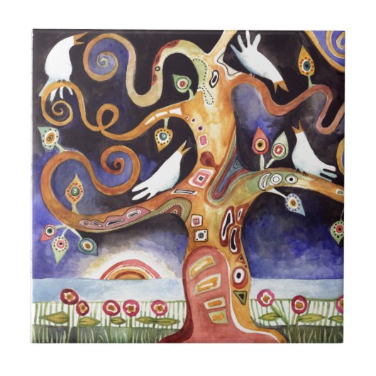 BAUM der LEBEN Aquarell-Tauben Fliese (Vorderseite)