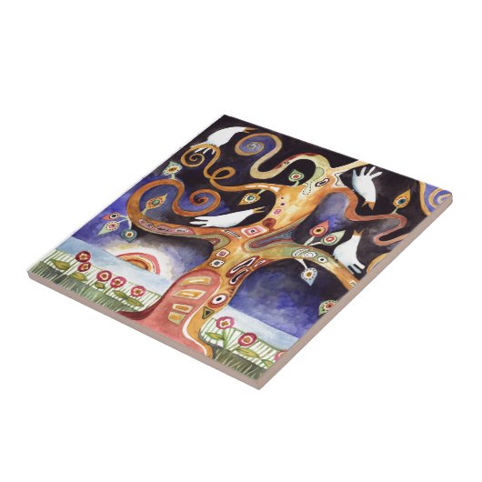 BAUM der LEBEN Aquarell-Tauben Fliese (Seite)