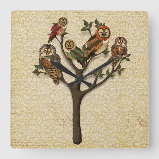 Baum der Owls-Wall-Uhr Quadratische Wanduhr (Vorderseite)
