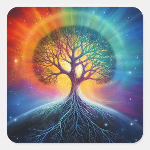 Baum der surrealen Regenbogenkunst Quadratischer Aufkleber