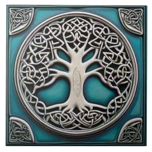 Baum des Lebens Aqua Türkisfarbene Imitate Relief Fliese (Vorderseite)