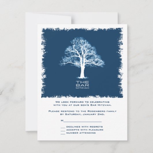 Baum des Lebens Bar Mitzvah UAWG Reply Card Navy RSVP Karte (Vorderseite)