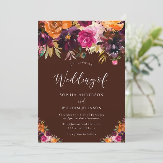 Baum des Lebens: Burgunder Herbst Hochzeit im Herb Einladung (Stehend Vorderseite)