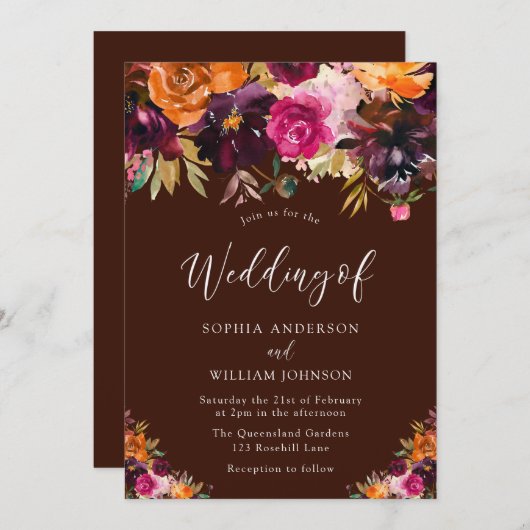 Baum des Lebens: Burgunder Herbst Hochzeit im Herb Einladung (Vorne/Hinten)