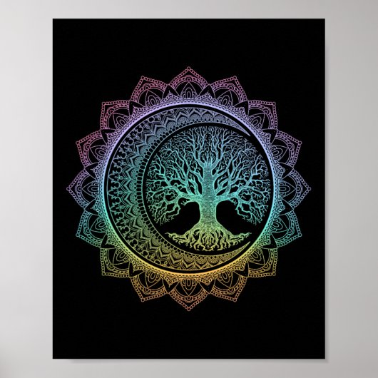 Baum des Lebens Cresent Mondphasen Florales Mandal Poster (Vorne)