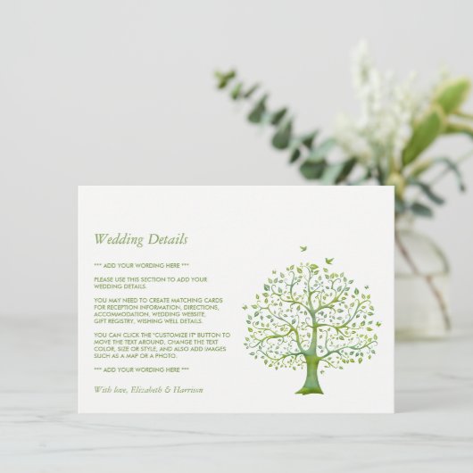 Baum des Lebens, Elegante Hochzeitsdetails Begleitkarte (Stehend Vorderseite)