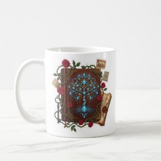 Baum des Lebens Fantasy-Zauberbuch-Design Kaffeetasse (Links)