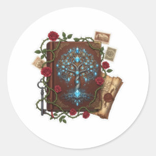 Baum des Lebens Fantasy-Zauberbuch-Design Runder Aufkleber