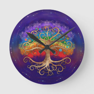 Baum des Lebens Golden Swirl und Regenbogen Runde Wanduhr