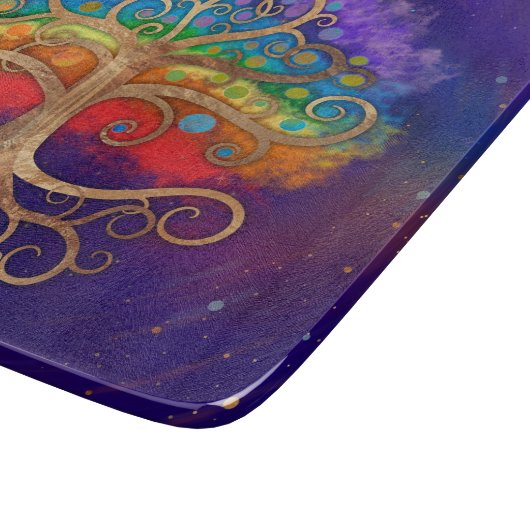 Baum des Lebens Golden Swirl und Regenbogen Schneidebrett (Ecke)