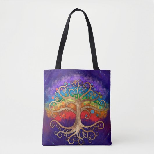 Baum des Lebens Golden Swirl und Regenbogen Tasche (Vorderseite)
