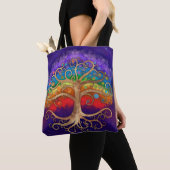 Baum des Lebens Golden Swirl und Regenbogen Tasche (Von Nahem)