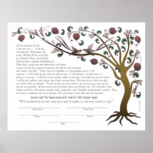 Baum des Lebens Ketubah mit einem hebräischen Zita Poster (Vorne)