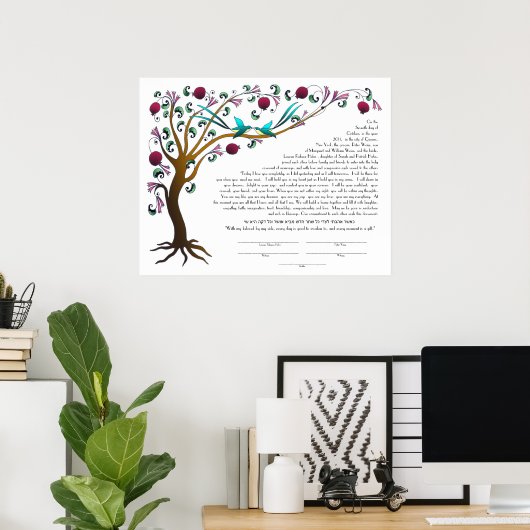 Baum des Lebens Ketubah mit einem hebräischen Zita Poster (Heimbüro)